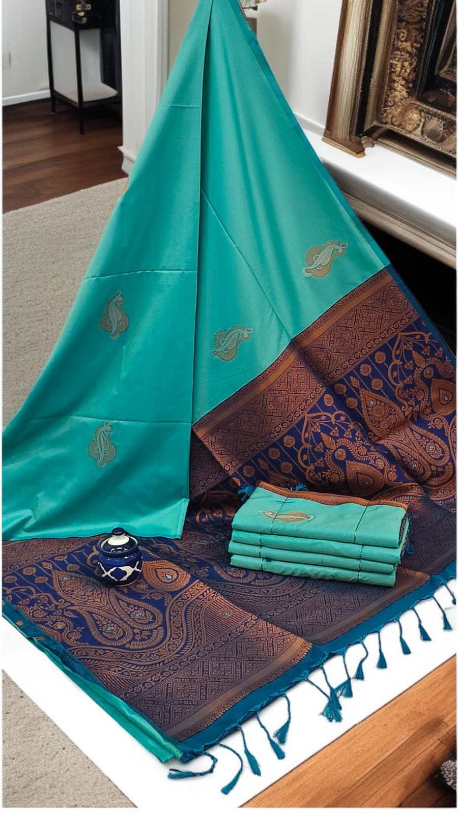 Exclusive Kanchipuram Silk Sarees (Meena work contrast blouse)