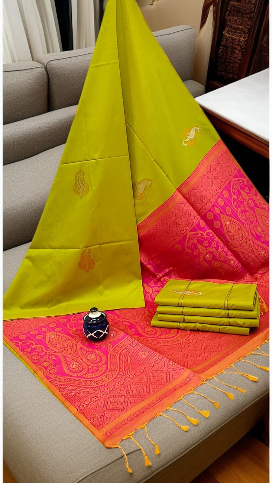 Exclusive Kanchipuram Silk Sarees (Meena work contrast blouse)