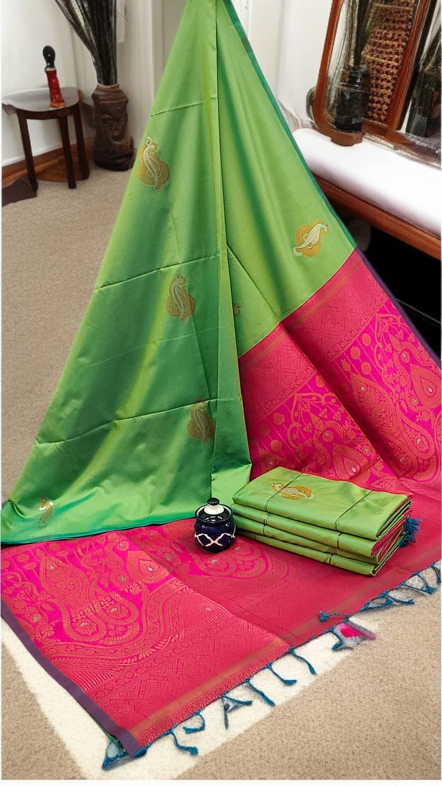 Exclusive Kanchipuram Silk Sarees (Meena work contrast blouse)