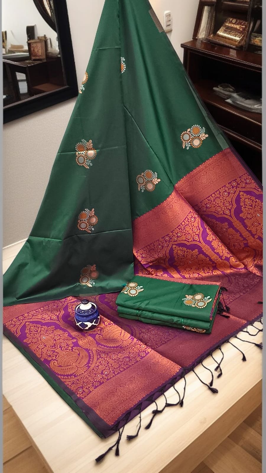 Exclusive Kanchipuram Silk Sarees (Meena work contrast blouse)